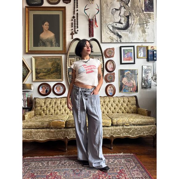 Slouch Gray Linen Wide Leg Casual Pants w Drawstring Ladies Size S/M - Picture 1 of 8